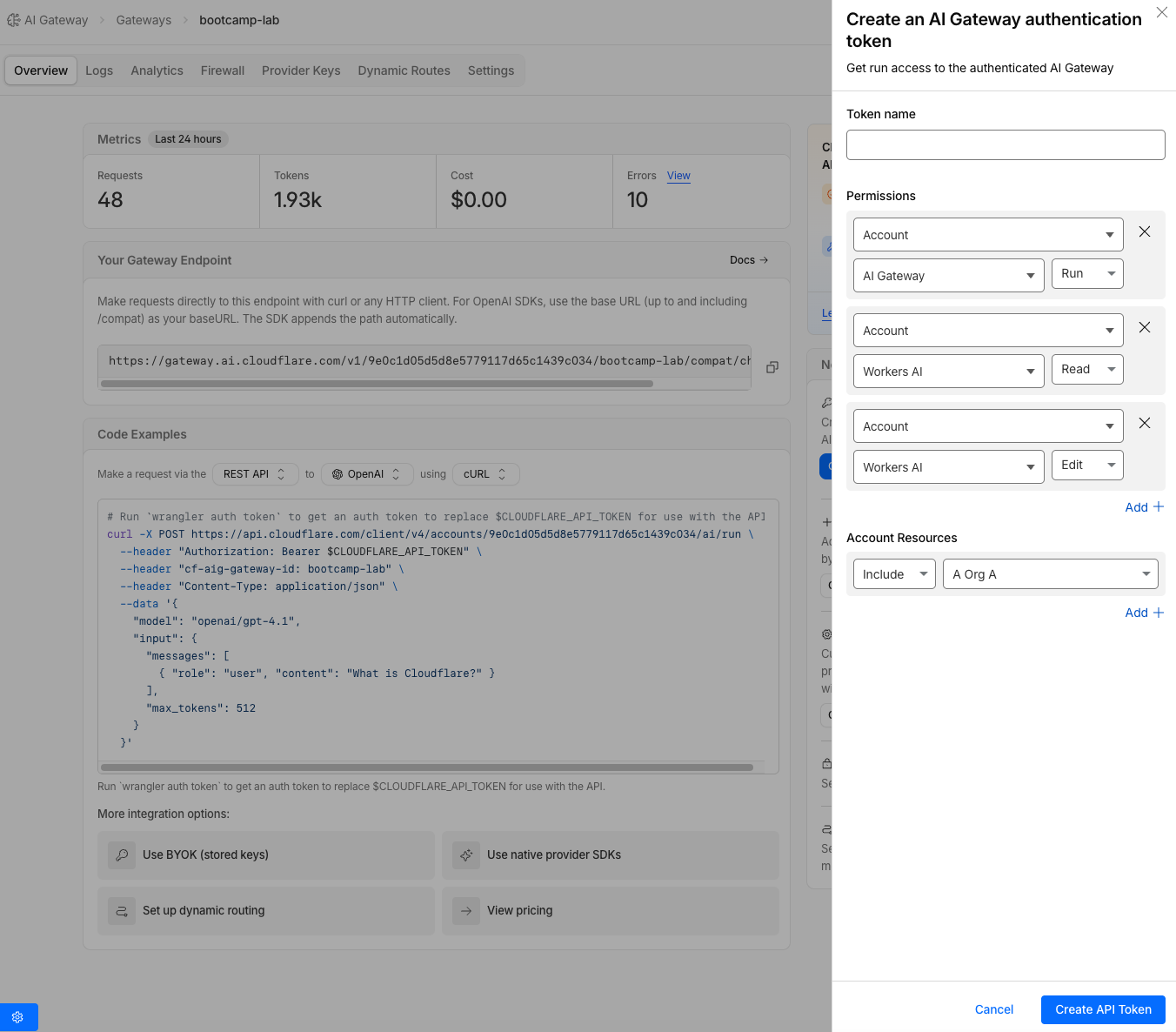 Create token button in the Next steps panel