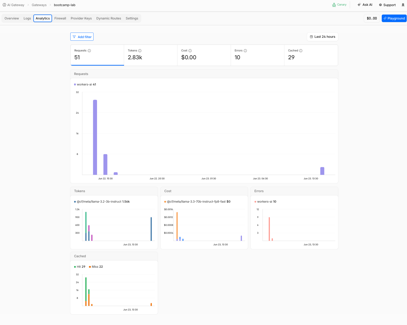 Analytics dashboard showing first request metrics
