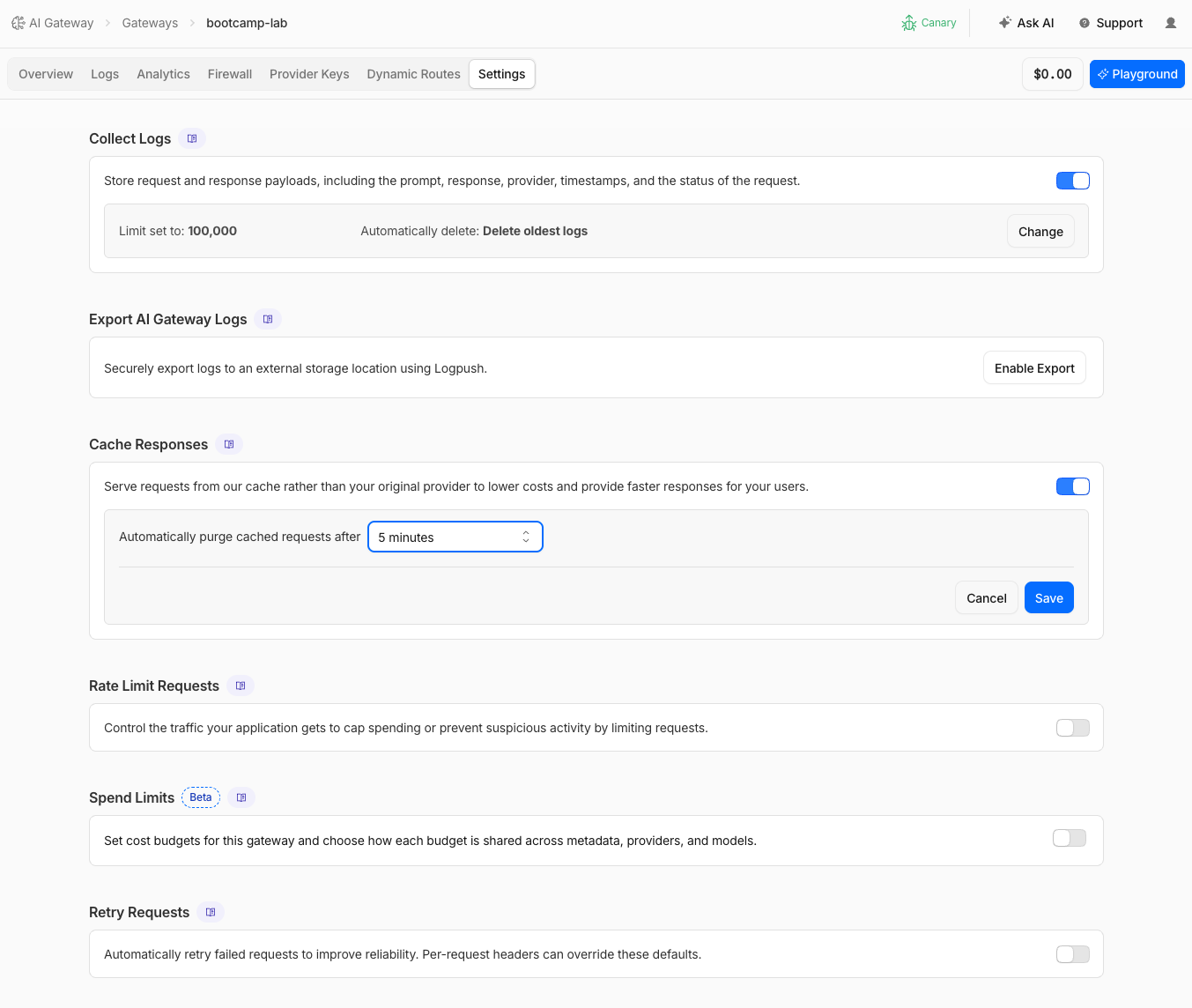 Cache settings toggle and TTL configuration