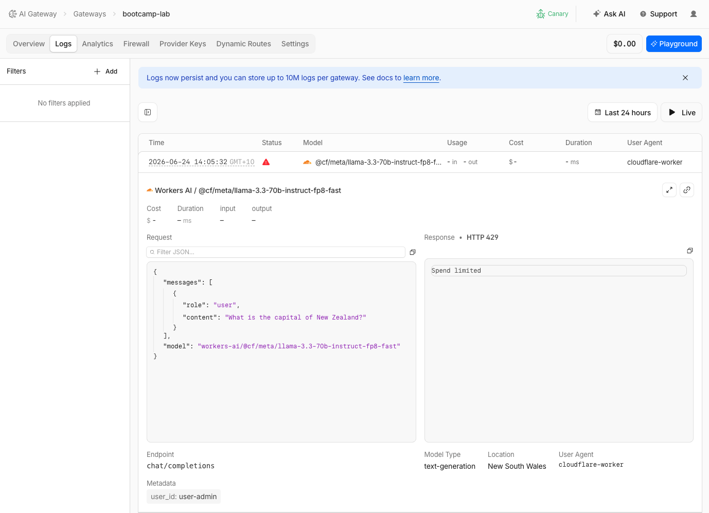 Logs showing spend limit blocked request